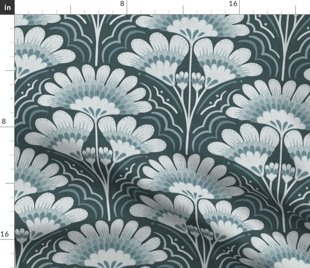 Fanfare Art Deco Floral - Cool Dark Teal Blue - large (12 inch W)