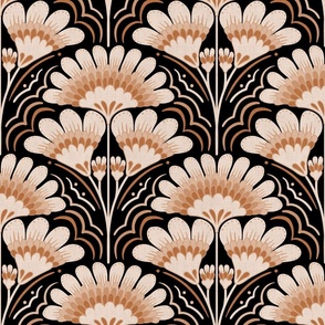Fanfare Art Deco Floral - Orange on Black - large (12 inch W)
