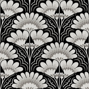 Fanfare Art Deco Floral - Black and Silver - large (12 inch W)
