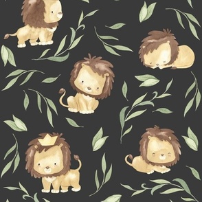 Cute Lions (onyx half-scale) Lion Nursery Fabric // King of the Jungle