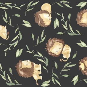 Cute Lions (onyx half-scale) Lion Nursery Fabric // King of the Jungle, rotated