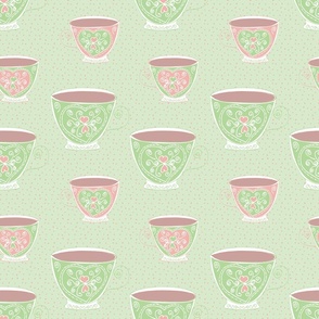 Dotty teacups and hearts shabby chic pastel green