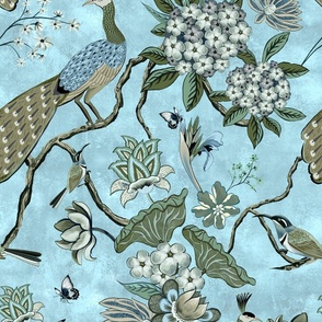 Chinoiserie Regency Pale Blue Peacock Chintz large