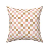 Vintage checkered boho design geometric gingham block print plaid design pink peach caramel white seventies palette 
