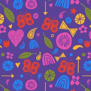 Fun and Funky Abstract Shapes and butterflies primary colors on purple