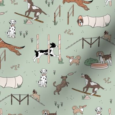 Dog agility training dogs playing kids design neutral orange beige green on soft sage green 