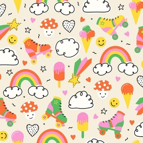 Happy 90s V1: Retro Colorful Abstract Groovy Icons Ice Cream, Rainbows & Rollerskates in Green, Pink, Red and Yellow  - Medium