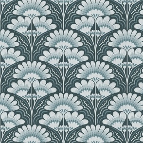 Fanfare Art Deco Floral - Cool Dark Teal blue - medium (8 inch W)