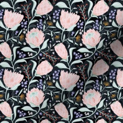 Protea Field - Botanical Floral Midnight Blue Black Small Scale