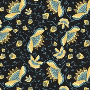 Hand drawn botanicals, golds and sage green  on black background 6”repeat 12” wallpaper repeat