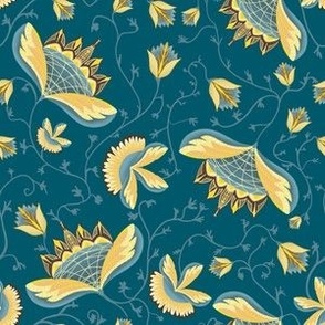 Sage and yellow Art Deco botanicals tossed on teal background small 6” repeat, 12” repeat wallpaper