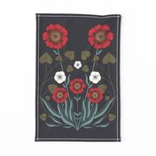 Folk Florals Tea Towel Red Flowers Grey