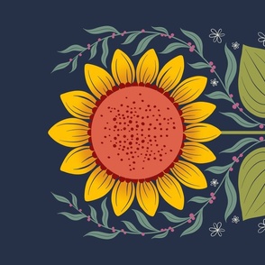 Folk Florals Tea Towel Sunflower Navy