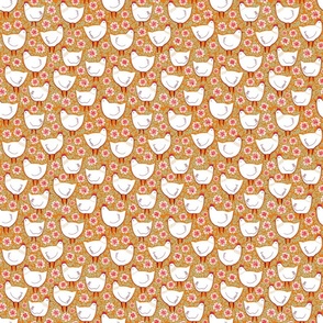 orange background with white hens  