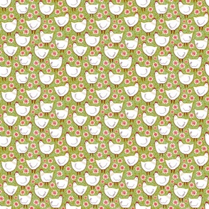green background with white hens   