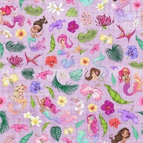 small scale tropical mermaid lilac linen