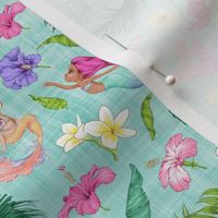 small scale tropical mermaid blue linen