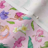 small scale tropical mermaid pink linen