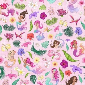 small scale tropical mermaid pink linen