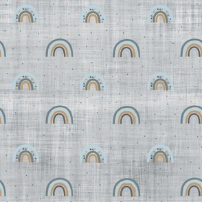 small scale blue rainbow grey linen
