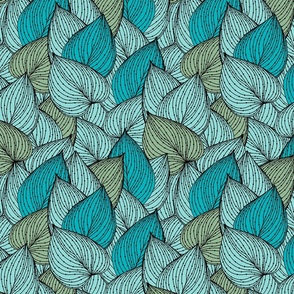 Larger Scale Dotted Layered Leaves in Blues and Green.