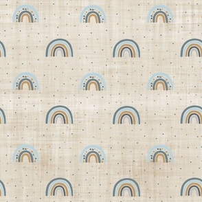 small scale blue rainbow brown linen