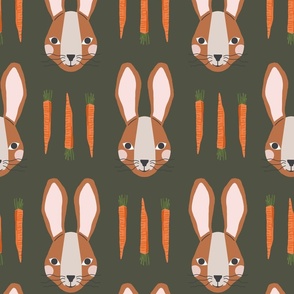 Bunnies & Carrots XLg | Brown Bunnies on Dark Green