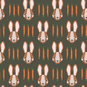 Bunnies & Carrots Lg | Brown Bunnies on Dark Green