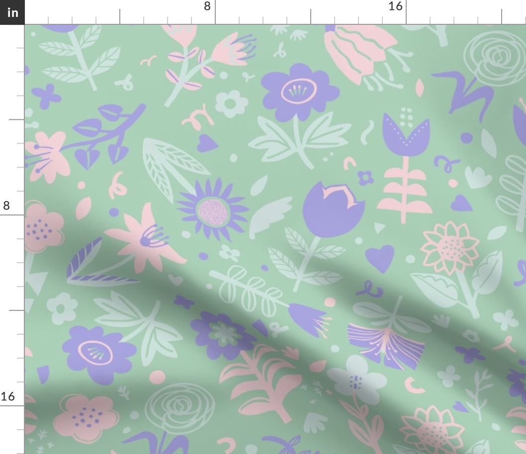 Pastel Fantasy Flowers Tossed-Green-Large