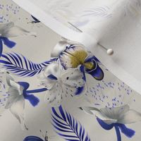 Blue orchid and white flowers with blue butterfly