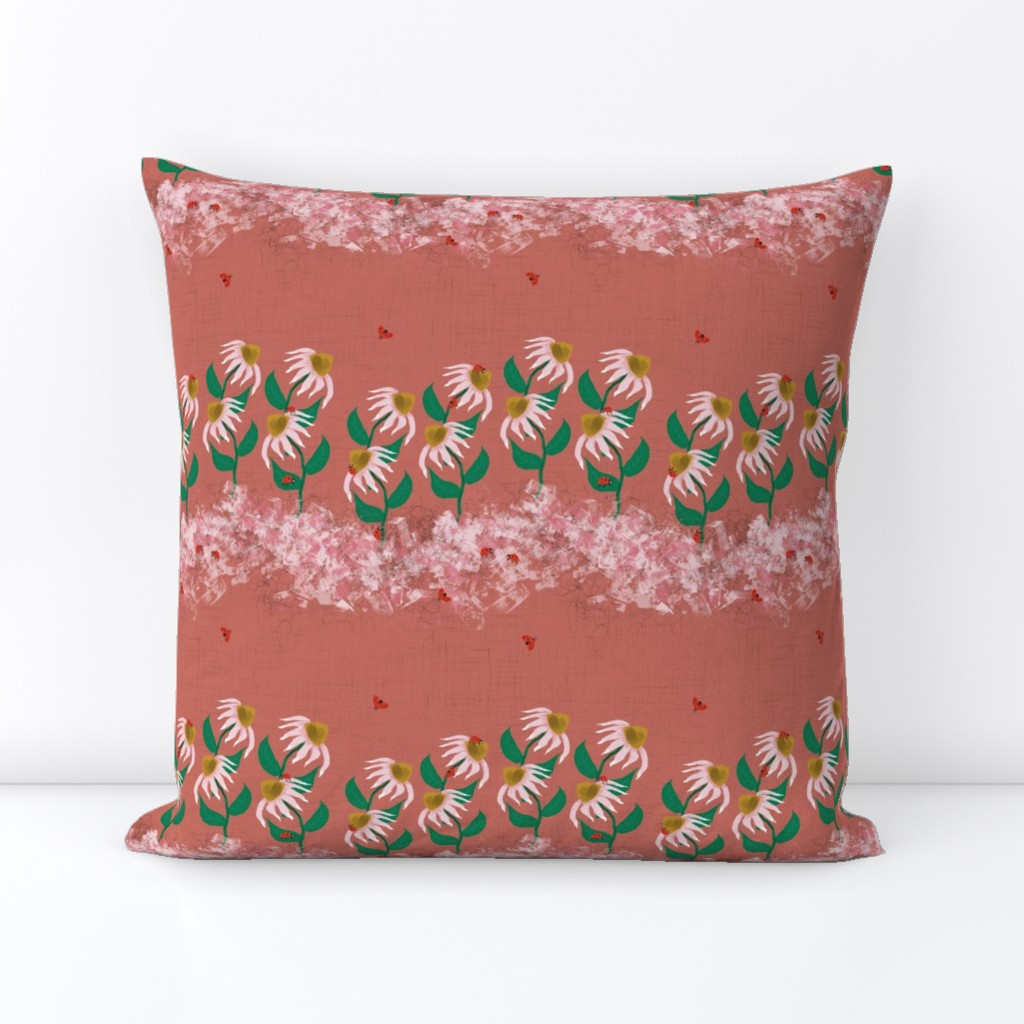 Large - Pink Echinacea Flowers and Ladybugs on Coral Linen background