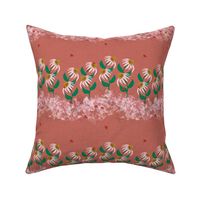 Large - Pink Echinacea Flowers and Ladybugs on Coral Linen background