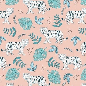 Tropical garden and tigers kids wild animals nursery design aqua blue pink blush summer 
