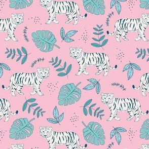 Tropical garden and tigers kids wild animals nursery design aqua blue pink summer