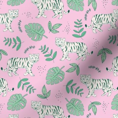 Tropical garden and tigers kids wild animals nursery design mint green pink summer