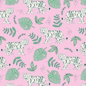 Tropical garden and tigers kids wild animals nursery design mint green pink summer