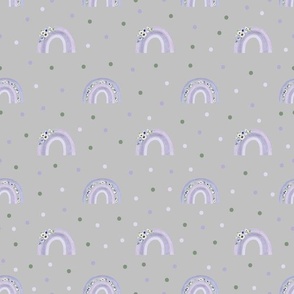 small scale purple rainbow polka dots pale grey