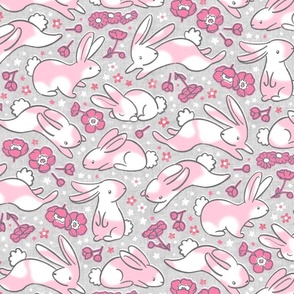 Cute Spring Bunnies - pink on heather grey 