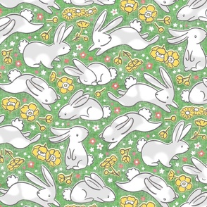 Cute Spring Bunnies - spring yellow on green 