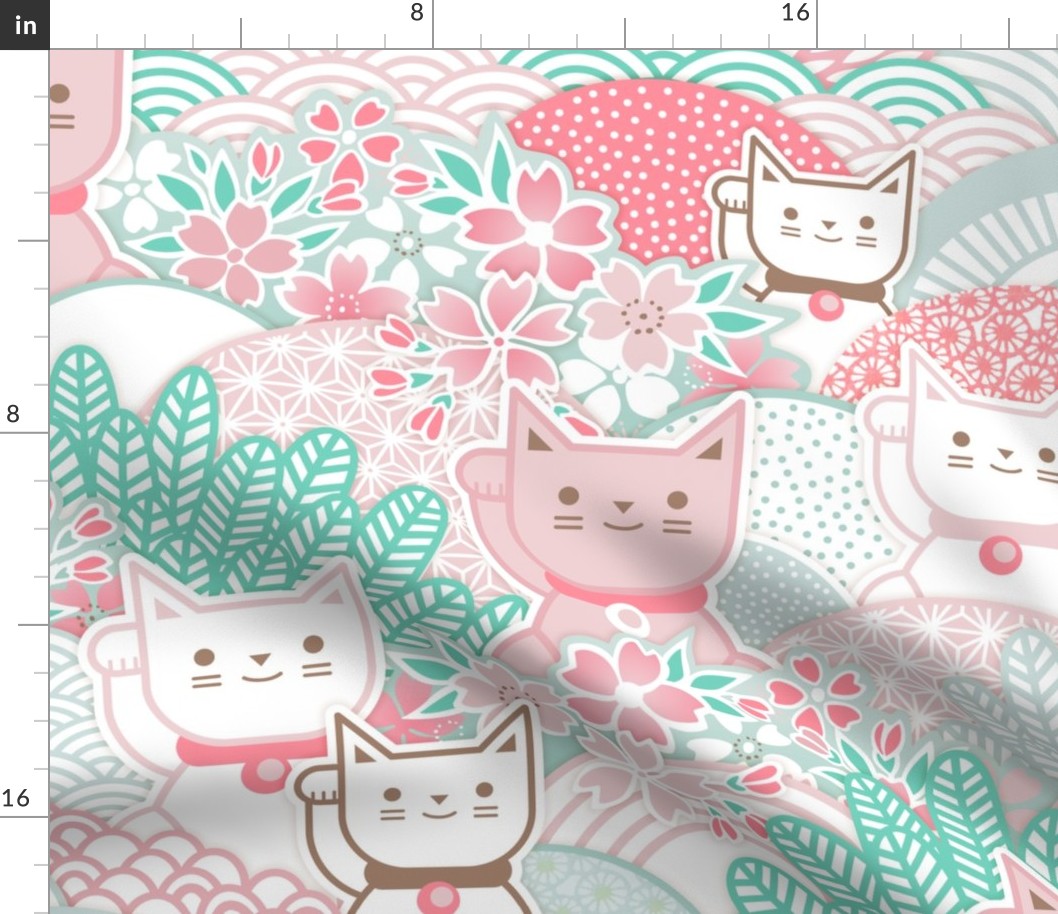 Sakura Cats - Extra Large- Cherry Blossom- Spring- Japanese Manekineko- Lucky Cat- Japan- Pink- Mint- Cotton Candy- Seaglass- Wallpaper- Home Decor Fabric- Kidcore- Kawaii- Cute