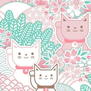 Sakura Cats -Medium- Cherry Blossom- Spring- Japanese Manekineko- Lucky Cat- Japan- Pink- Mint- Cotton Candy- Seaglass- Wallpaper- Home Decor Fabric- Kidcore- Kawaii- Cute