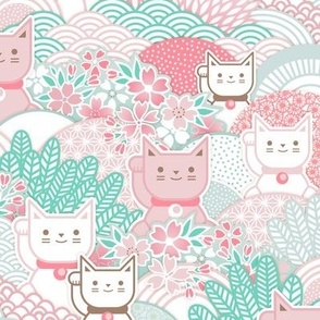 Sakura Cats -Small- Cherry Blossom- Spring- Japanese Manekineko- Lucky Cat- Japan- Pink- Mint- Cotton Candy- Seaglass- Wallpaper- Home Decor Fabric- Kidcore- Kawaii- Cute