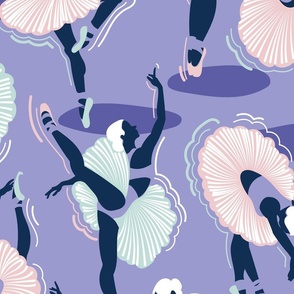 Large jumbo scale // Dancing ballerina flowers // lilac background midnight blue seaglass green and cotton candy pink ballet dancers