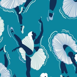 Large jumbo scale // Dancing ballerina flowers // turquoise background seaglass green sky and midnight blue ballet dancers