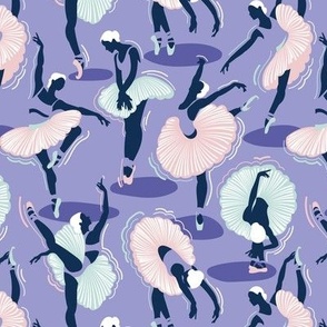 Small scale // Dancing ballerina flowers // lilac background midnight blue seaglass green and cotton candy pink ballet dancers