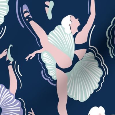 Normal scale // Dancing ballerina flowers // midnight blue background lilac seaglass green and cotton candy pink ballet dancers