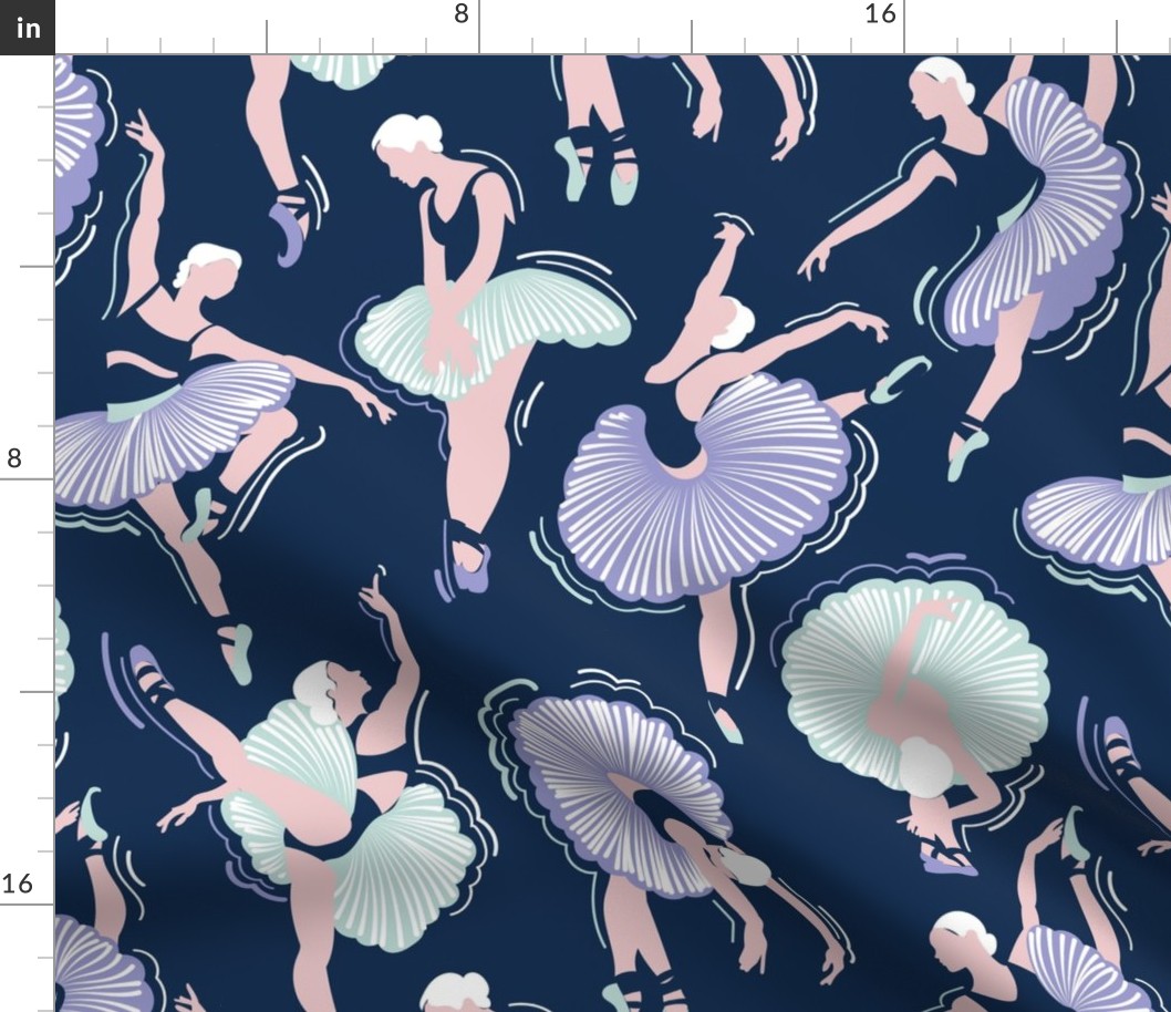 Normal scale // Dancing ballerina flowers // midnight blue background lilac seaglass green and cotton candy pink ballet dancers