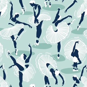 Normal scale // Dancing ballerina flowers // monochromatic seaglass green and midnight blue ballet dancers