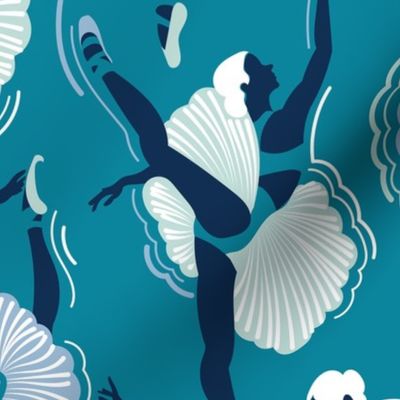 Normal scale // Dancing ballerina flowers // turquoise background seaglass green sky and midnight blue ballet dancers