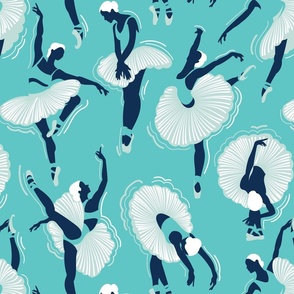 Normal scale // Dancing ballerina flowers // aqua ocean background midnight blue and seaglass green ballet dancers